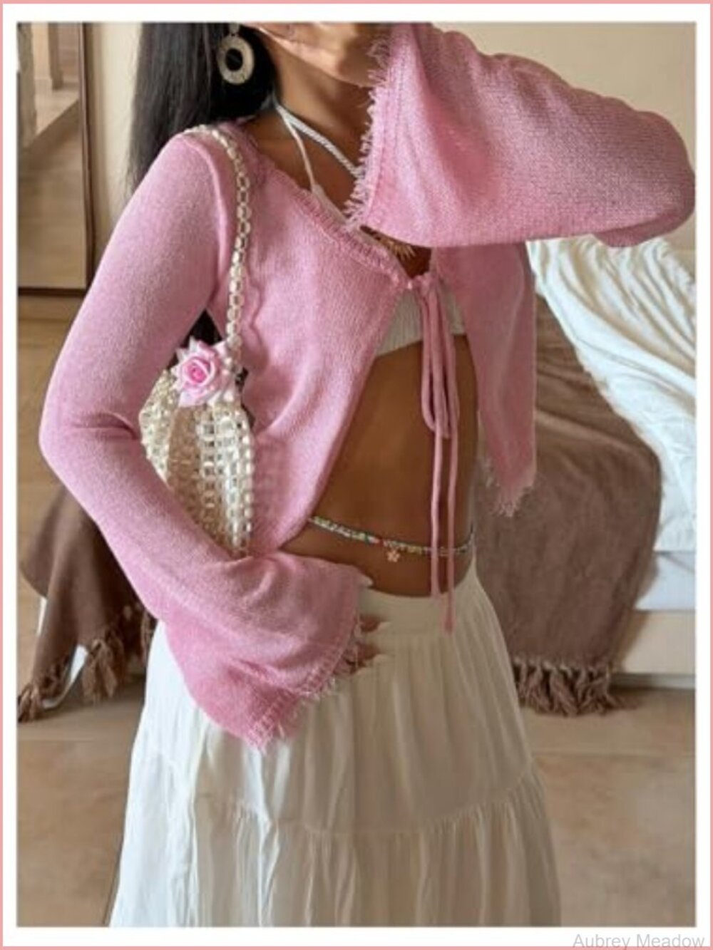 Tie Front Knit Cardigan Shrug V Neck Bell Long Sleeve Y2k Lightweight Summer - Picture 2 of 5